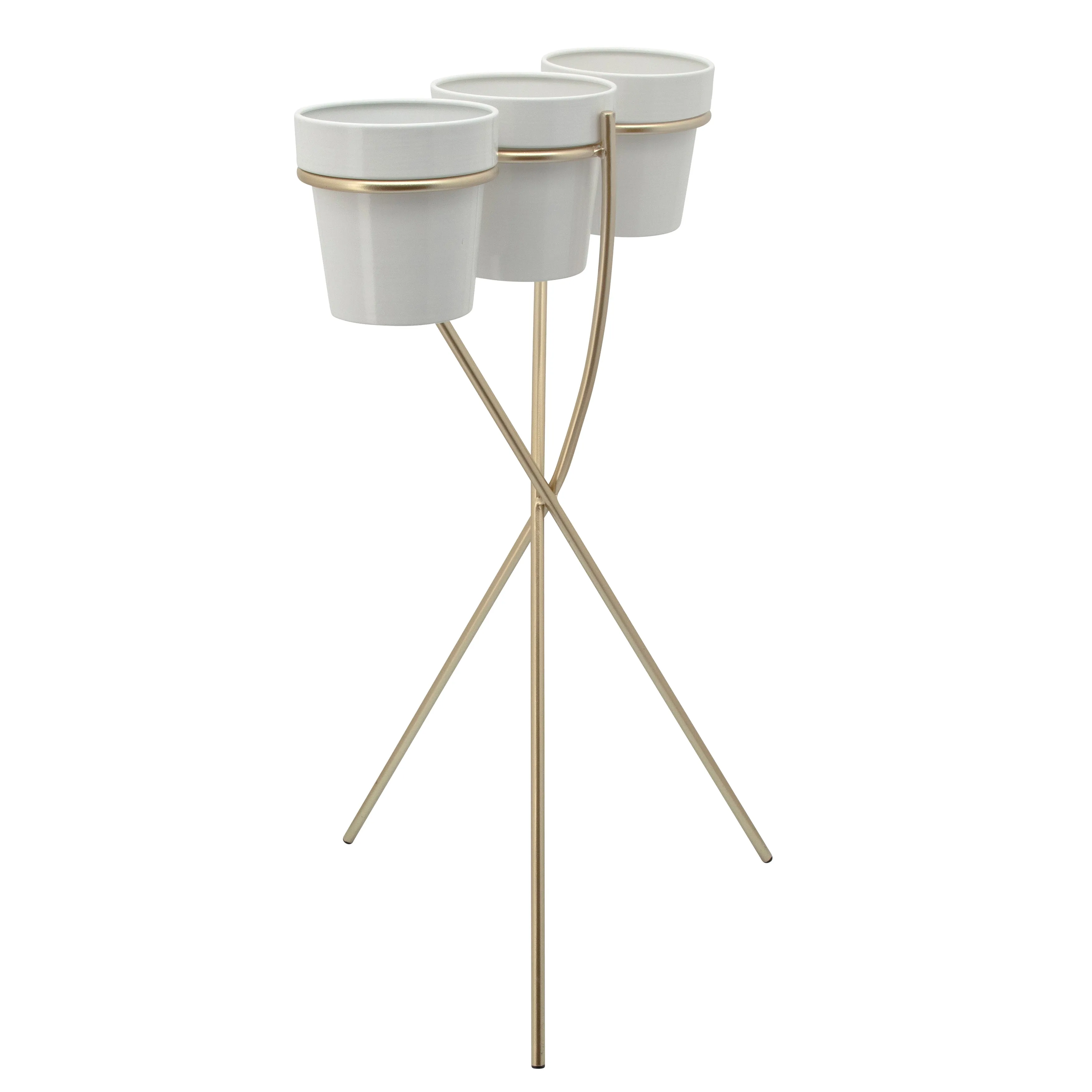 3-Cup Metal Planter On Gold Stand, White