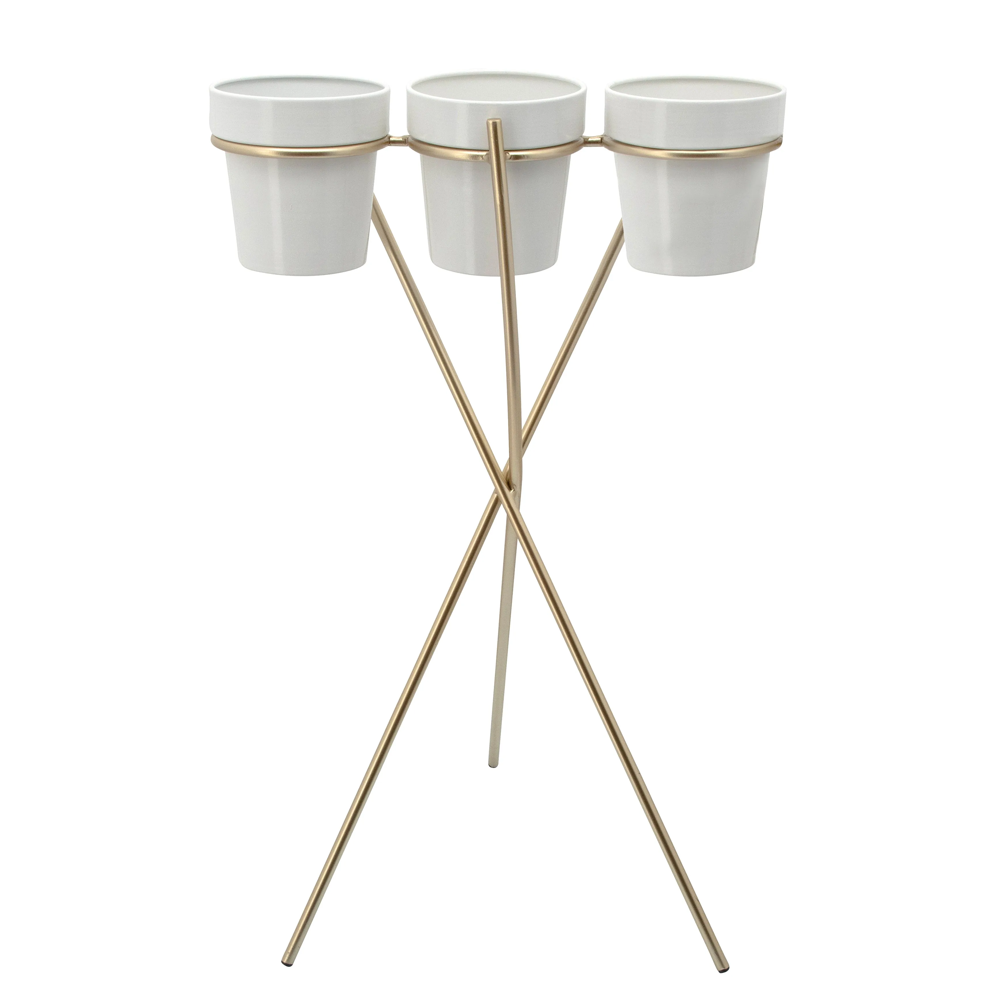 3-Cup Metal Planter On Gold Stand, White