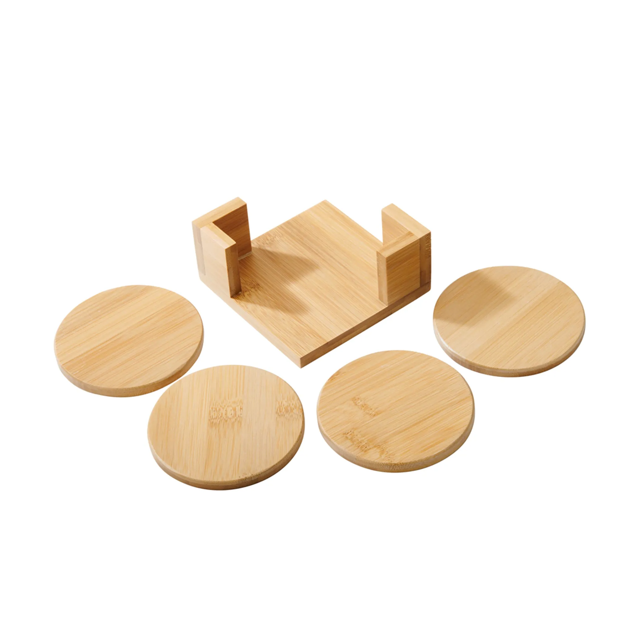 Bamboo Wood Coaster Set - 4" Round Coasters with Stand