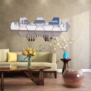 DecorWear 12 Hexagon Mirror Silver Plastic Wall Stickers for Wall Size (10.5x12.1) Cm Acrylic Mirror Wall Decor Sticker, Wall Mirror Stickers, 3D Hexagonal Mirror Wall Sticker (S-12HexaSilver)