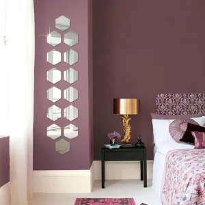 DecorWear 14 Hexagon Mirror Silver Plastic Wall Stickers for Wall Size (10.5x12.1) Cm Acrylic Mirror Wall Decor Sticker, Wall Mirror Stickers, 3D Hexagonal Mirror Wall Sticker (H-14HexaSilver)