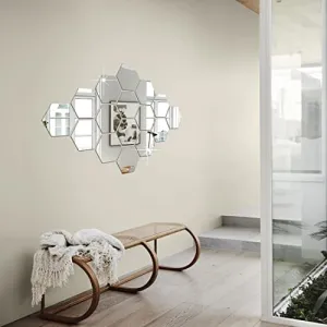 DecorWear 16 Hexagon Mirror Silver Plastic Wall Stickers for Wall Size (10.5x12.1) Cm Acrylic Mirror Wall Decor Sticker, Wall Mirror Stickers, 3D Hexagonal Mirror Wall Sticker (C-16HexaSilver)