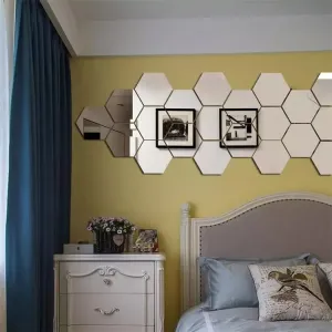 DecorWear 24 Hexagon Mirror Silver Plastic Wall Stickers for Wall Size (10.5x12.1) Cm Acrylic Mirror Wall Decor Sticker, Wall Mirror Stickers, 3D Hexagonal Mirror Wall Sticker (E-24HexaSilver)