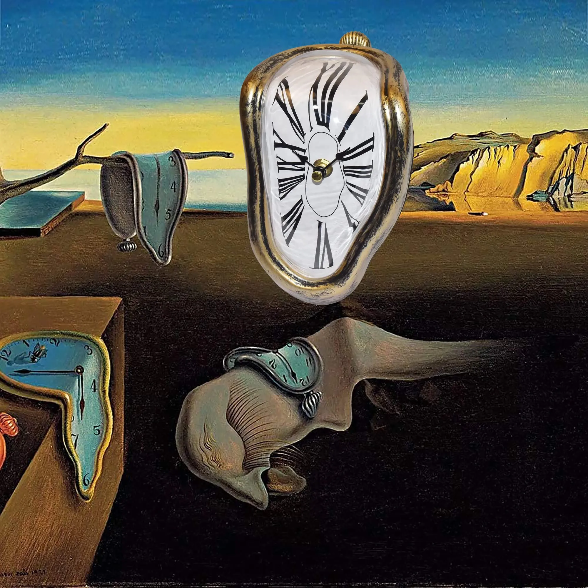 FAREVER Melting Clock, Salvador Dali Watch Melted Clock for Decorative Home Office Shelf Desk Table Funny Creative Gift，Rome Antique Gold