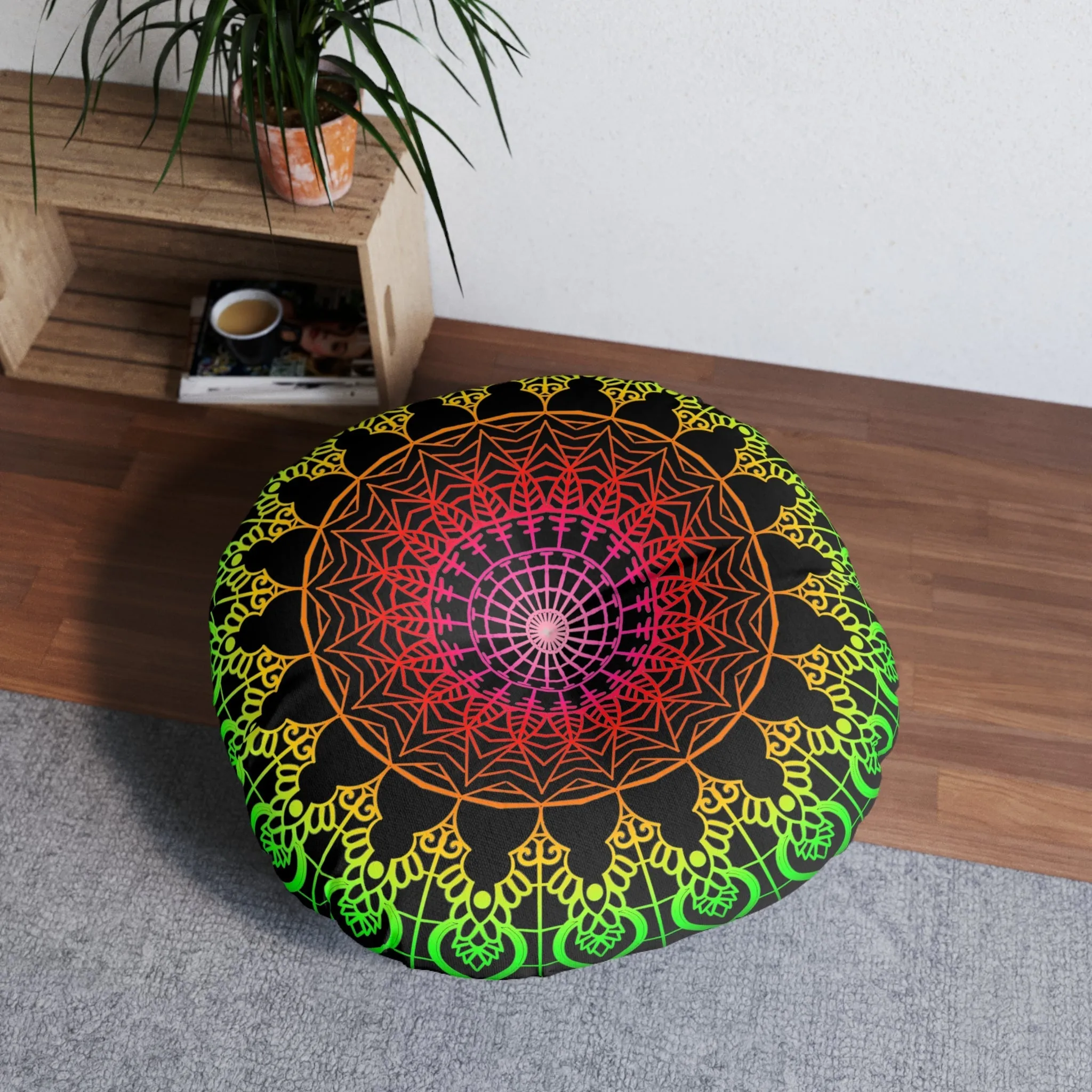 Hand Drawn Mandala Art Design Floor Cushion - Flower colors on Black Background