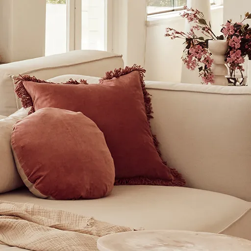 Linen/Velvet Round Cushion | Guava