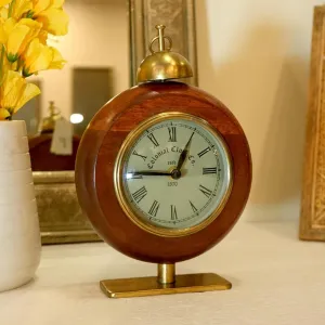 Little eXtra Handicraft Wooden Round Clock with Iron Base, Antique Roman Numbers Table Clock, Vintage Clock for Office, Desk, Home Decor, Luxury Gift for Diwali