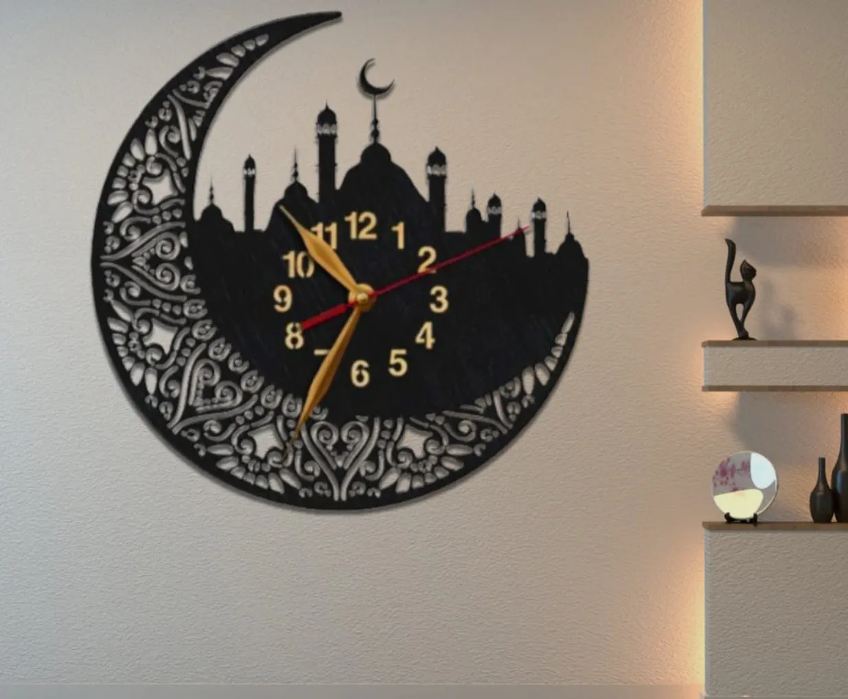 Moon And Mosque Islamic Wooden Wall Clock