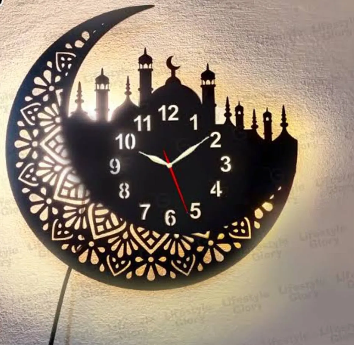 Moon And Mosque Islamic Wooden Wall Clock
