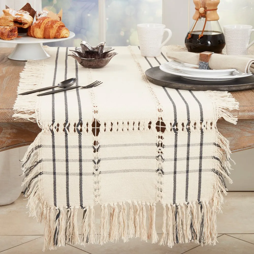 Plaid Hemstitch Fringe Cotton 16"x72" Table Runner