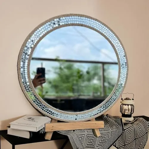 Round Wall Mirror with Beaded Frame, 18inch Diameter