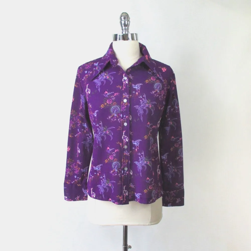Vintage 70s Womens Dagger Collar Purple Birds Novelty Top Shirt M / L