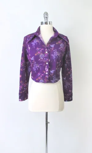 Vintage 70s Womens Dagger Collar Purple Birds Novelty Top Shirt M / L
