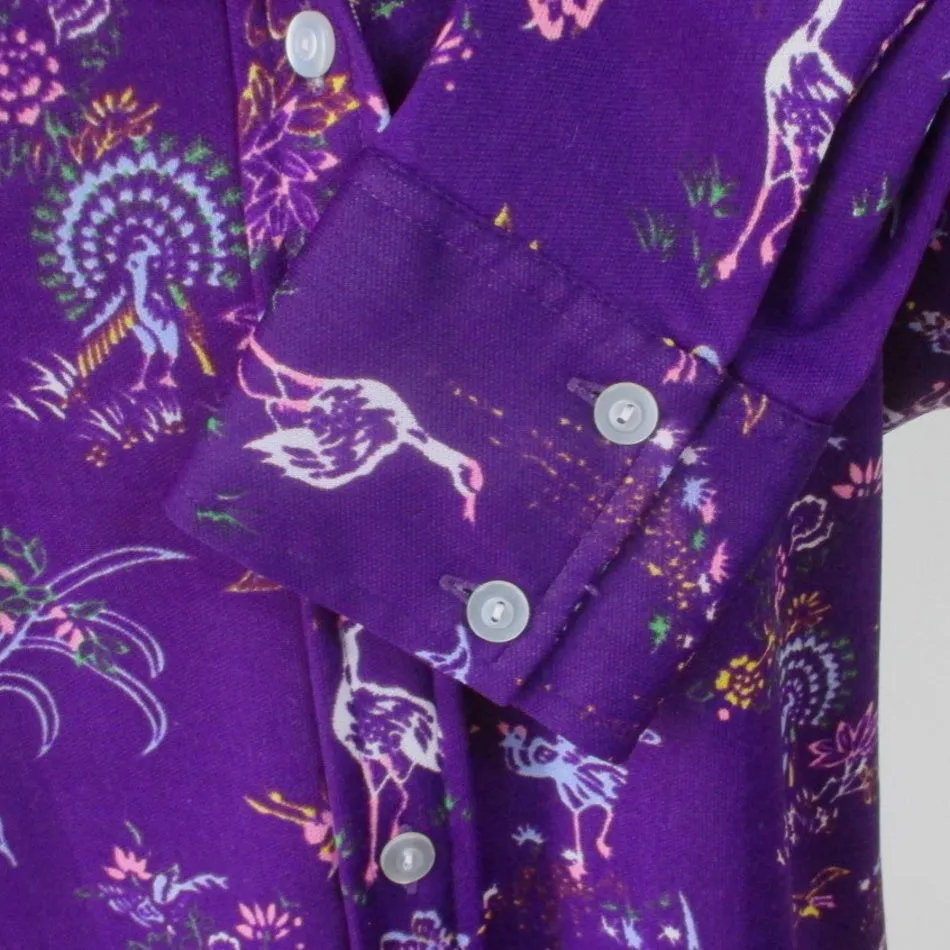 Vintage 70s Womens Dagger Collar Purple Birds Novelty Top Shirt M / L
