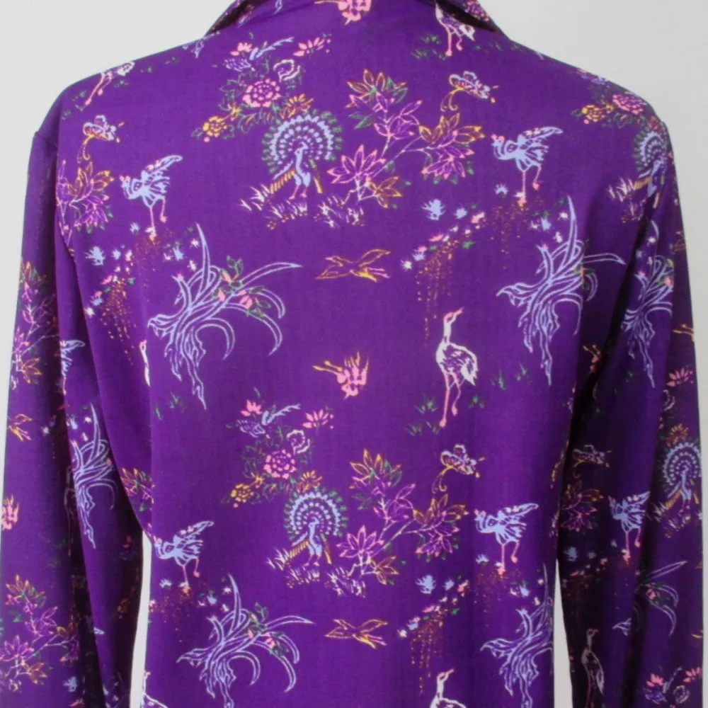 Vintage 70s Womens Dagger Collar Purple Birds Novelty Top Shirt M / L