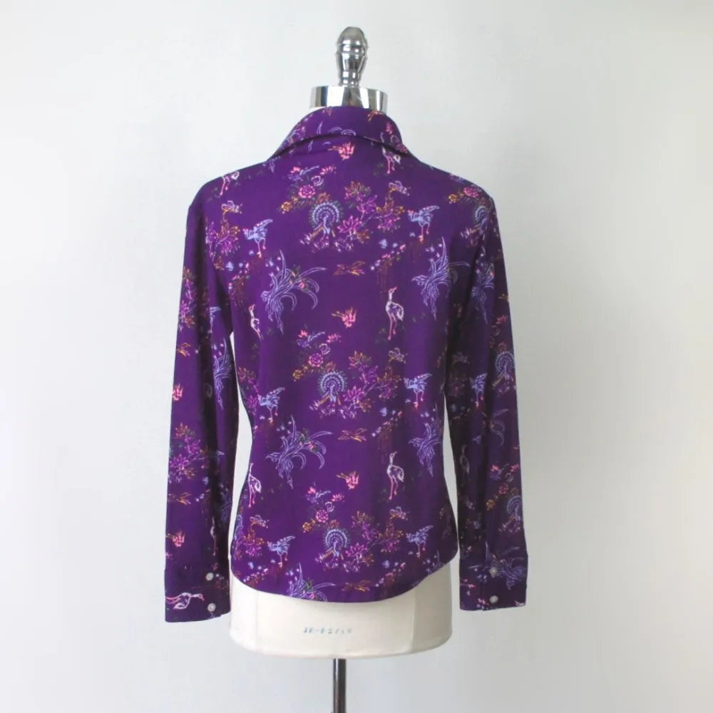 Vintage 70s Womens Dagger Collar Purple Birds Novelty Top Shirt M / L